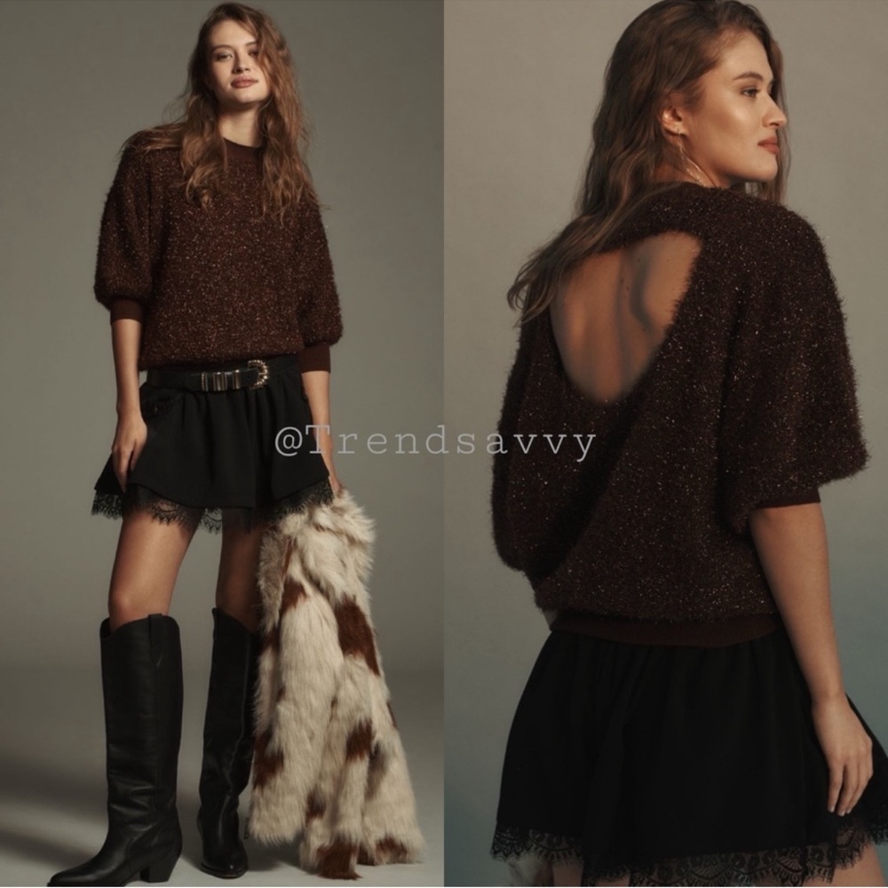 Anthropologie Maeve Violetta Tinsel Cutout Sweater Brown Medium NWT Top